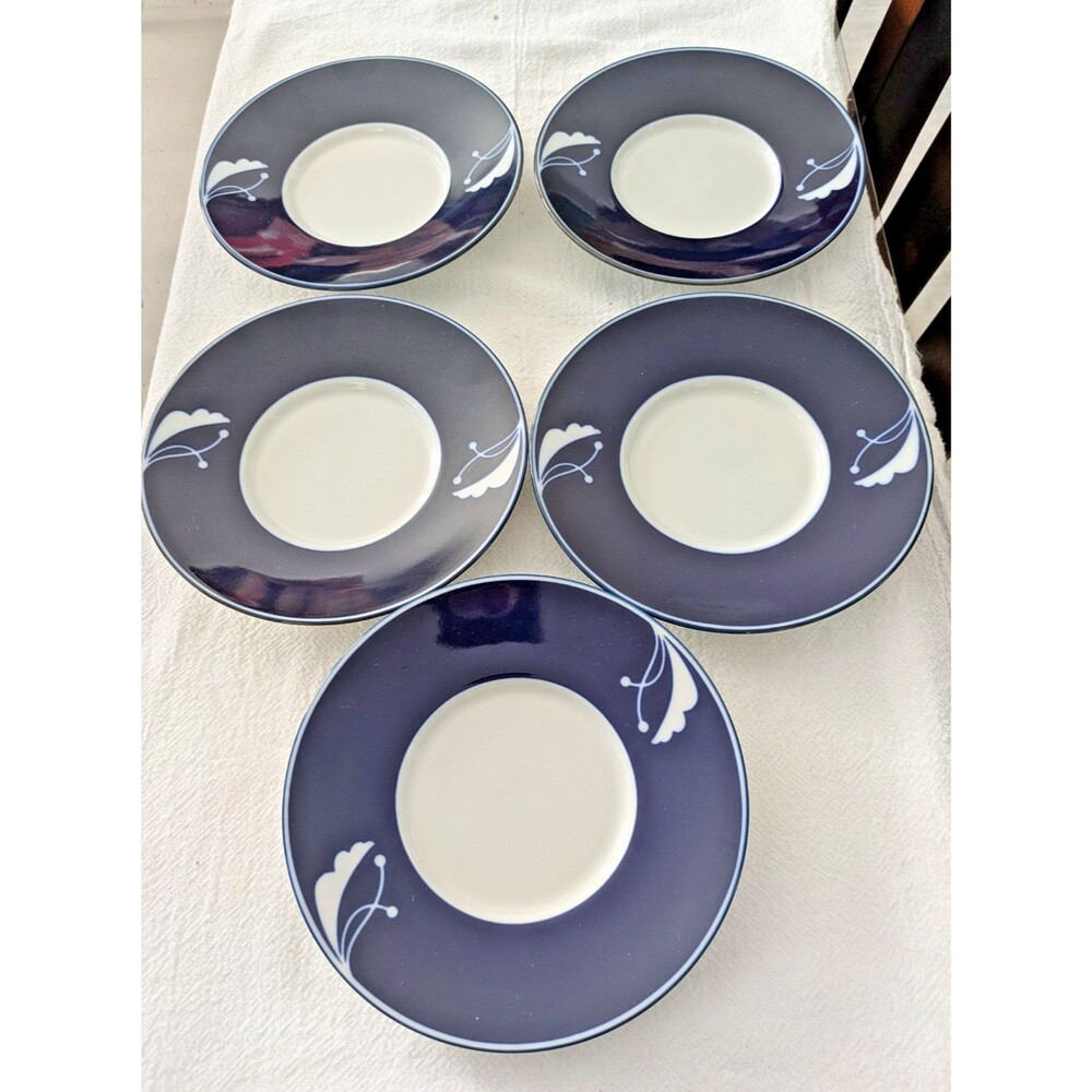 SET 5 Dansk FLORA Bayberry White w/Blue Indigo Floral Saucers VG
